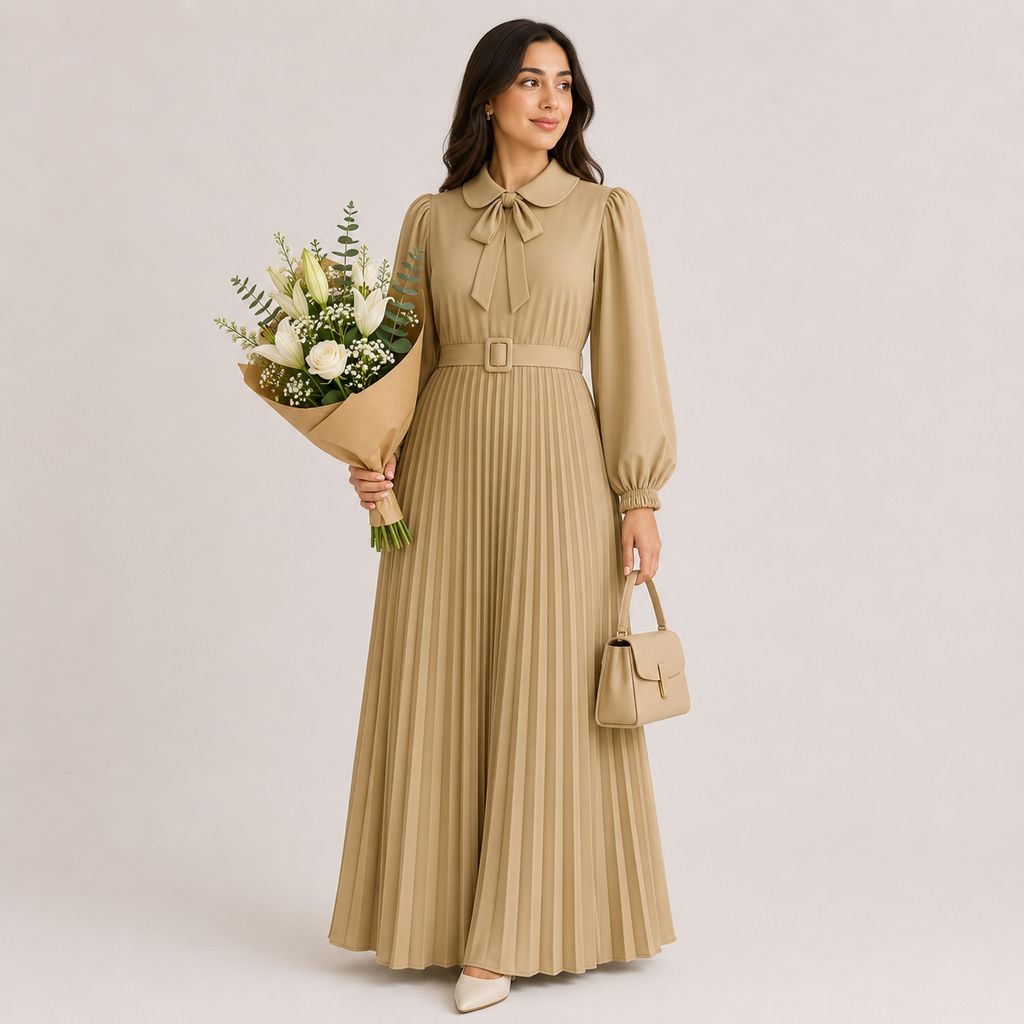 Long Lantern Sleeve Pleated Belted Abaya Dress