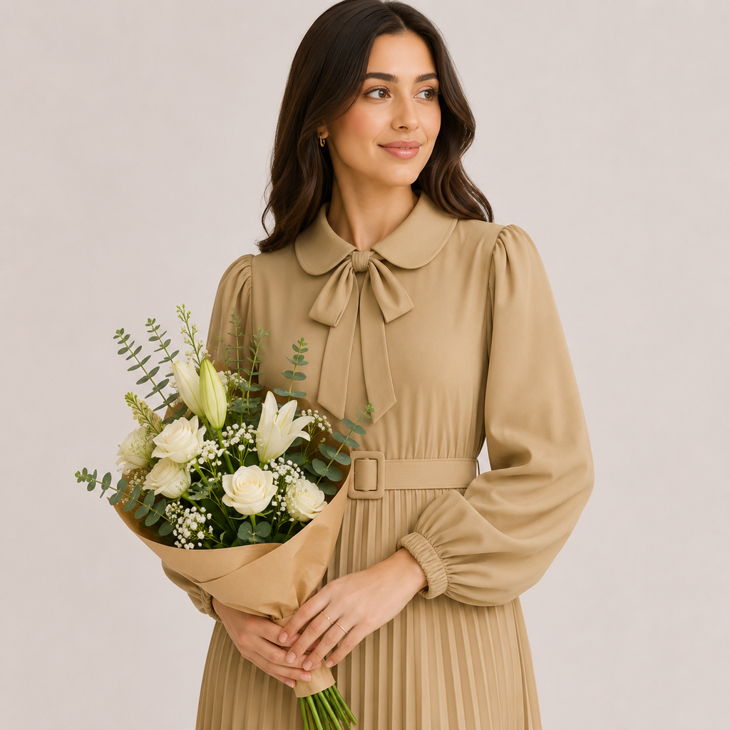 Long Lantern Sleeve Pleated Belted Abaya Dress