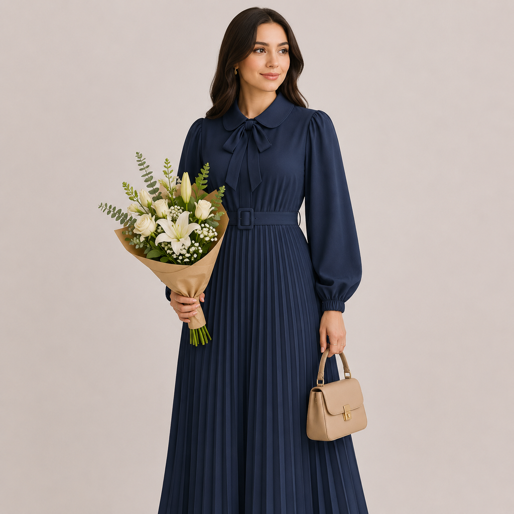 Long Lantern Sleeve Pleated Belted Abaya Dress