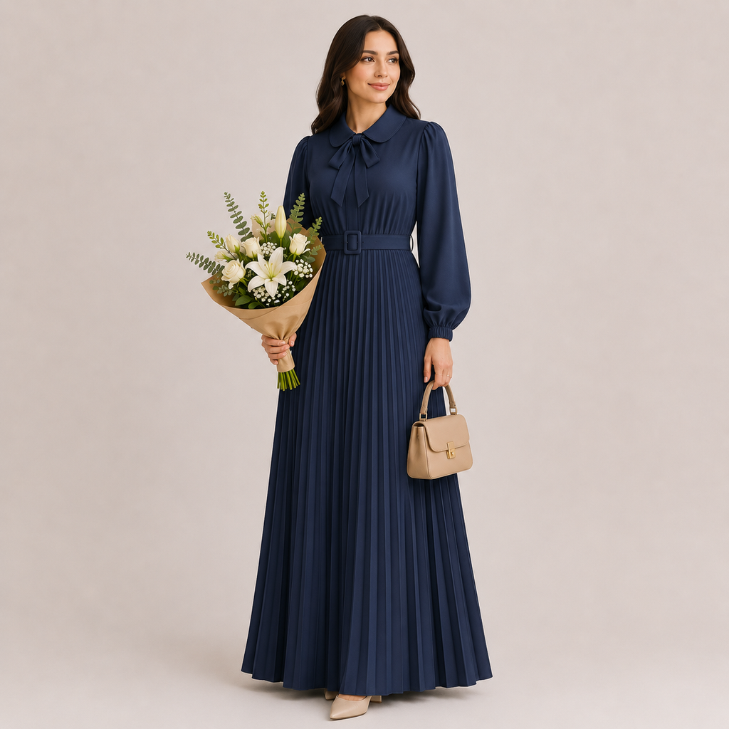 Long Lantern Sleeve Pleated Belted Abaya Dress