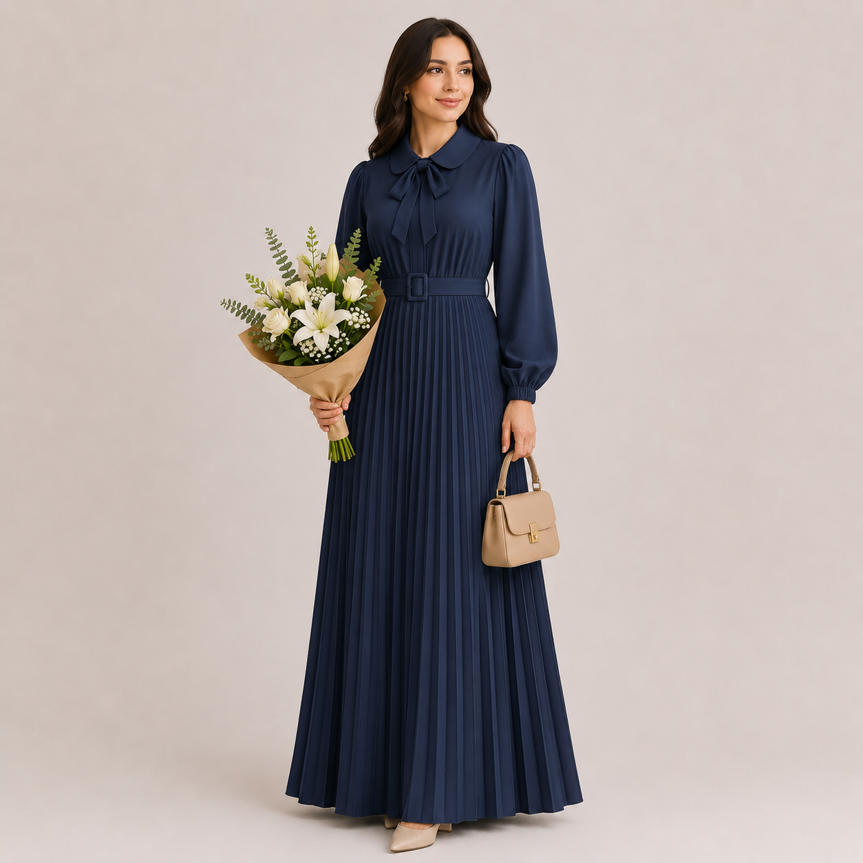 Long Lantern Sleeve Pleated Belted Abaya Dress