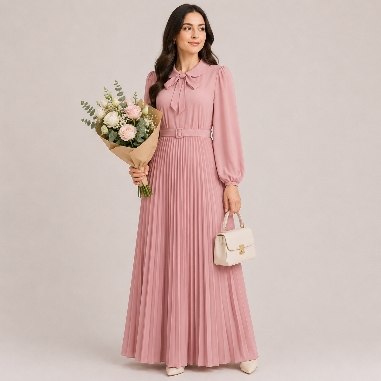 Long Lantern Sleeve Pleated Belted Abaya Dress