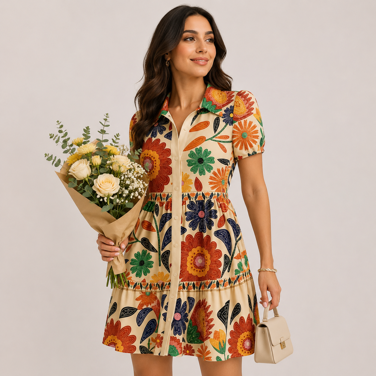 Summer Floral Print Puff Sleeve Ruffle Hem A-Line Mini Dress