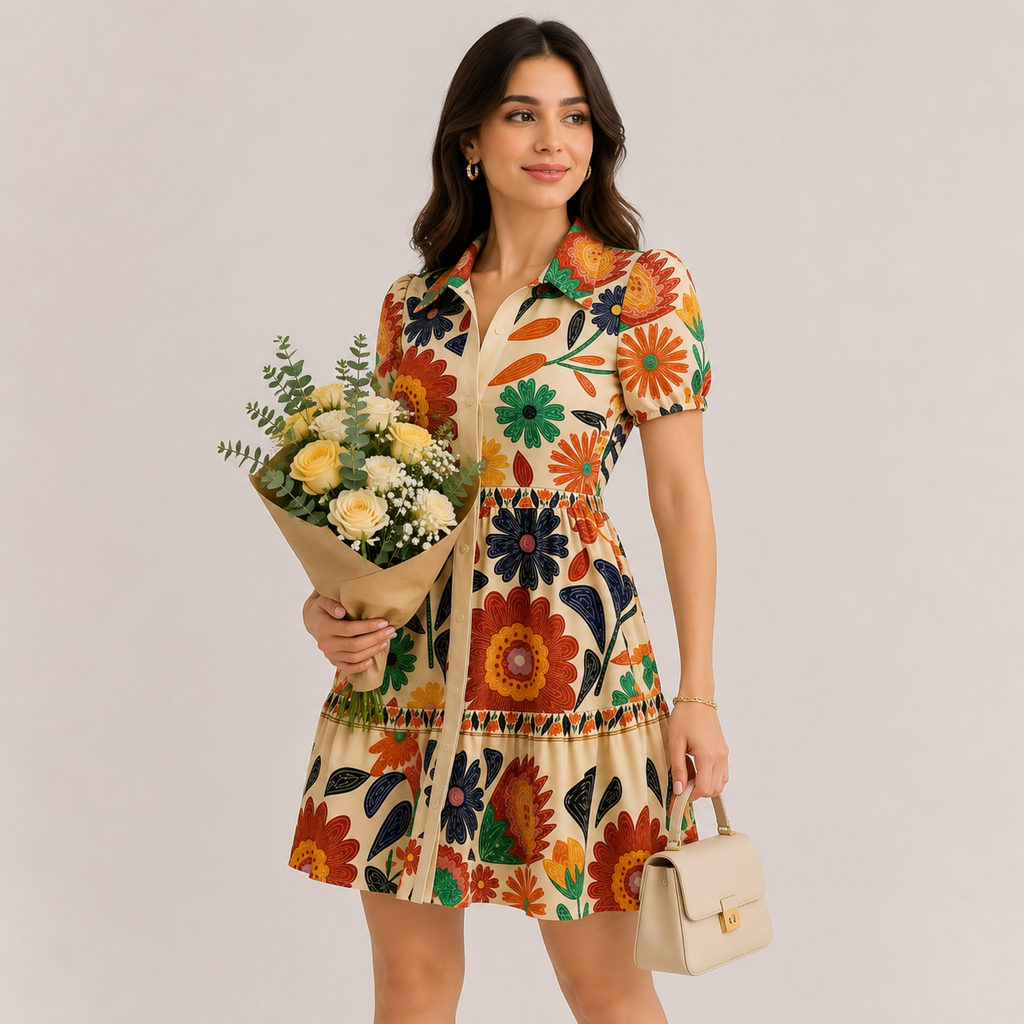 Summer Floral Print Puff Sleeve Ruffle Hem A-Line Mini Dress