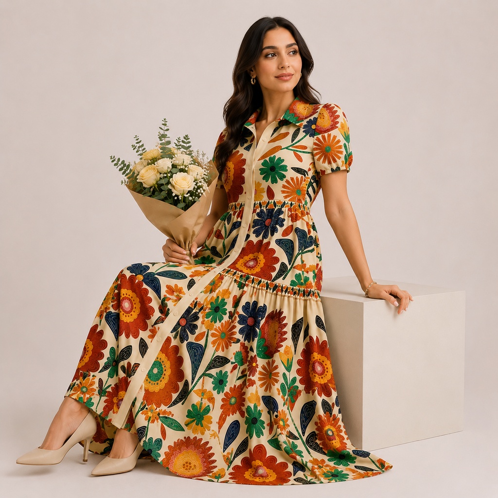 Summer Floral Print Puff Sleeve Ruffle Hem A-Line Mini Dress
