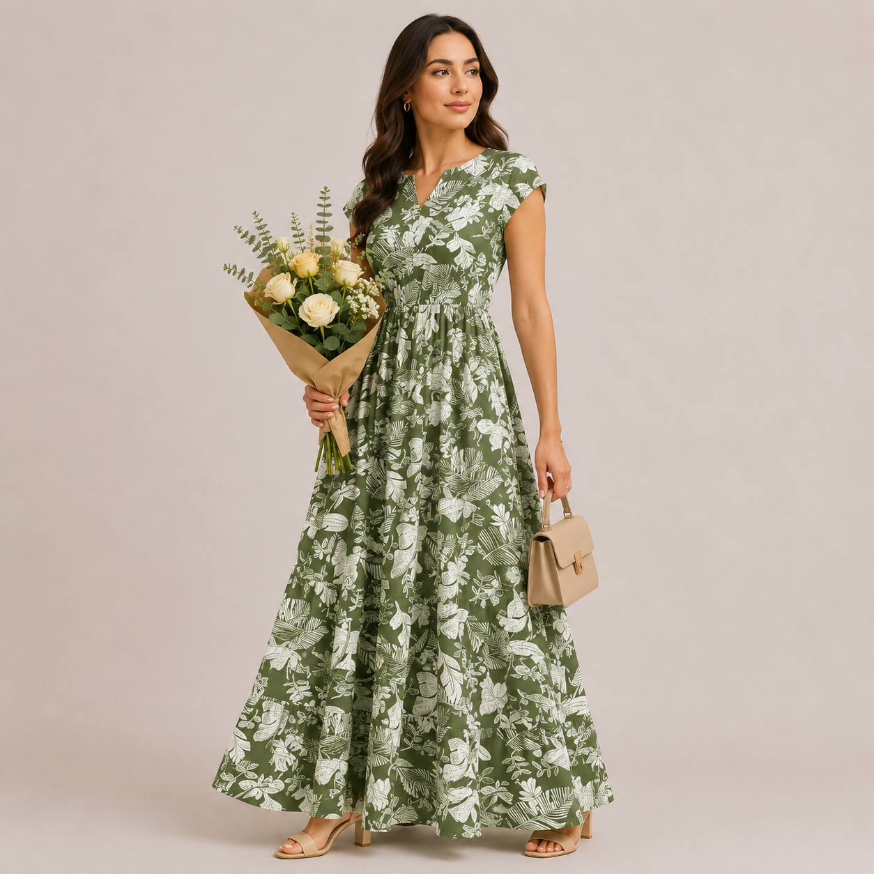 Vintage Floral Print V-Neck Short Sleeve Maxi Dress