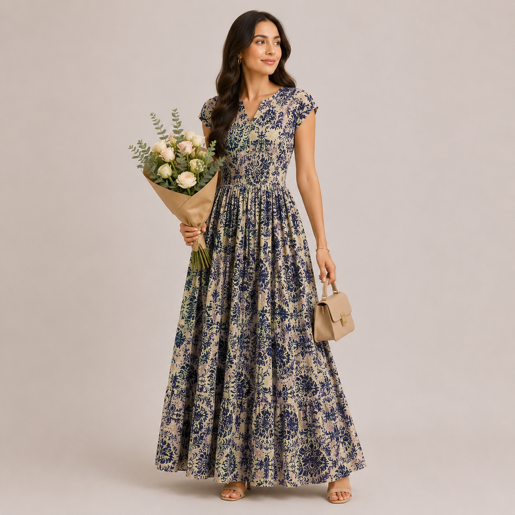 Vintage Floral Print V-Neck Short Sleeve Maxi Dress