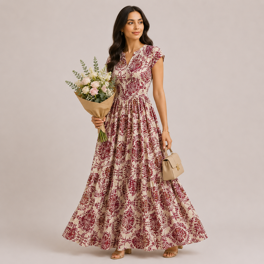 Vintage Floral Print V-Neck Short Sleeve Maxi Dress