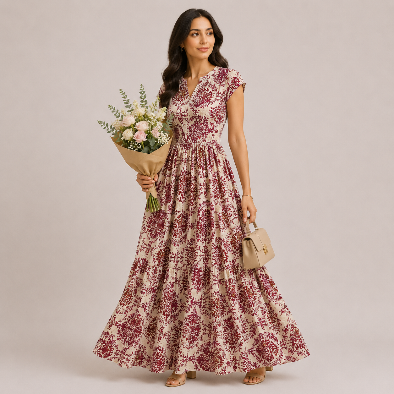 Vintage Floral Print V-Neck Short Sleeve Maxi Dress