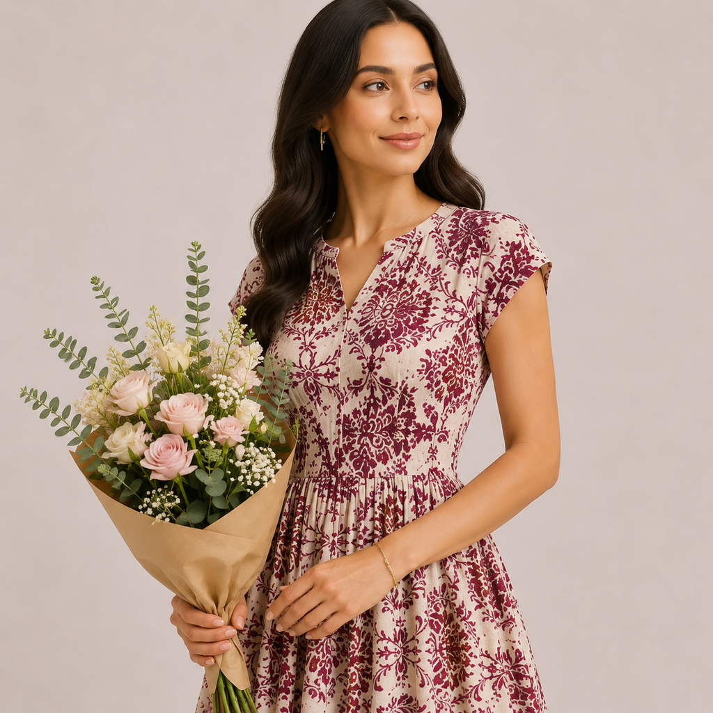 Vintage Floral Print V-Neck Short Sleeve Maxi Dress
