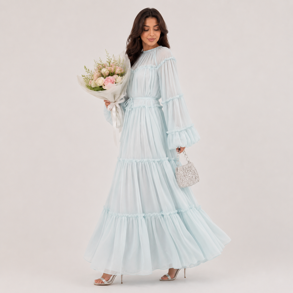 Elegant Puff Sleeve Dubai Abaya Maxi Dress