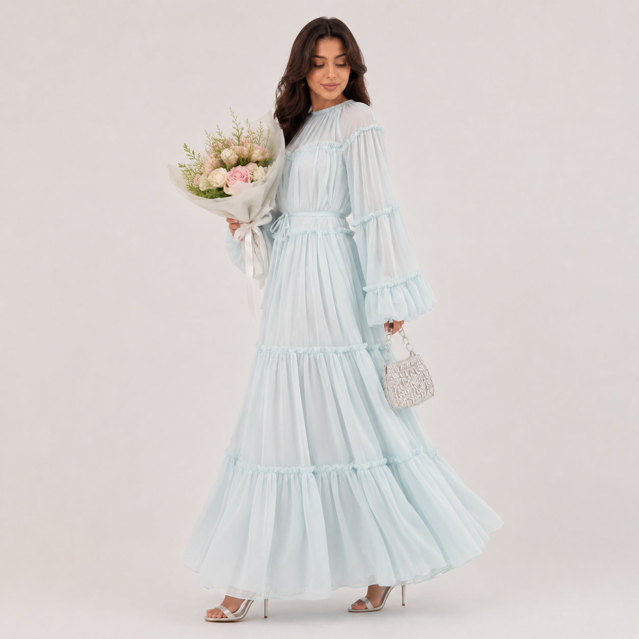 Elegant Puff Sleeve Dubai Abaya Maxi Dress