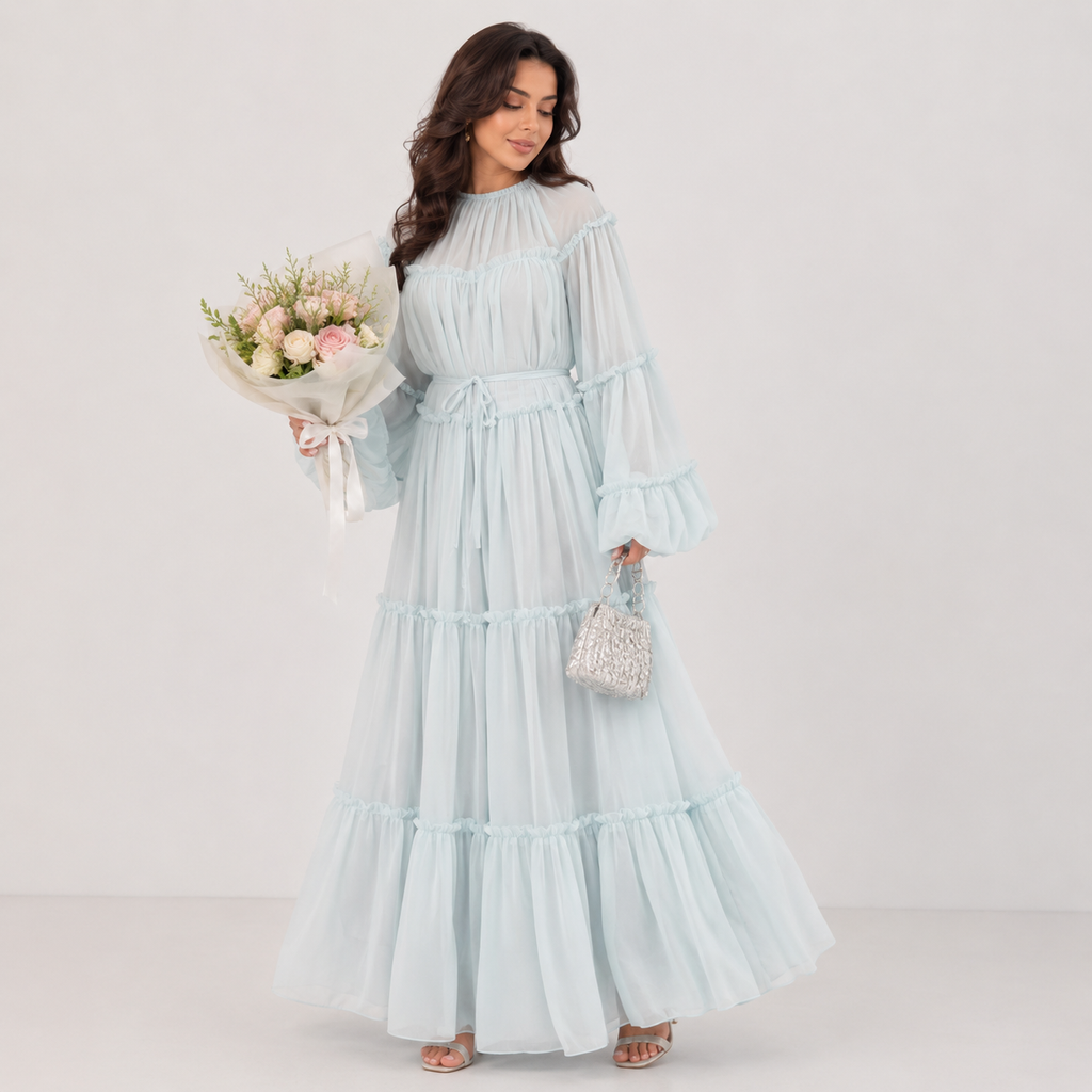 Elegant Puff Sleeve Dubai Abaya Maxi Dress