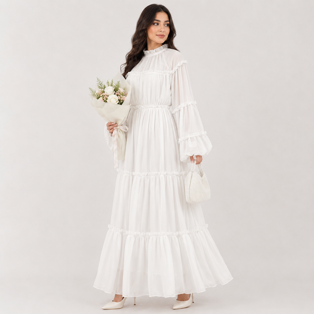 Elegant Puff Sleeve Dubai Abaya Maxi Dress