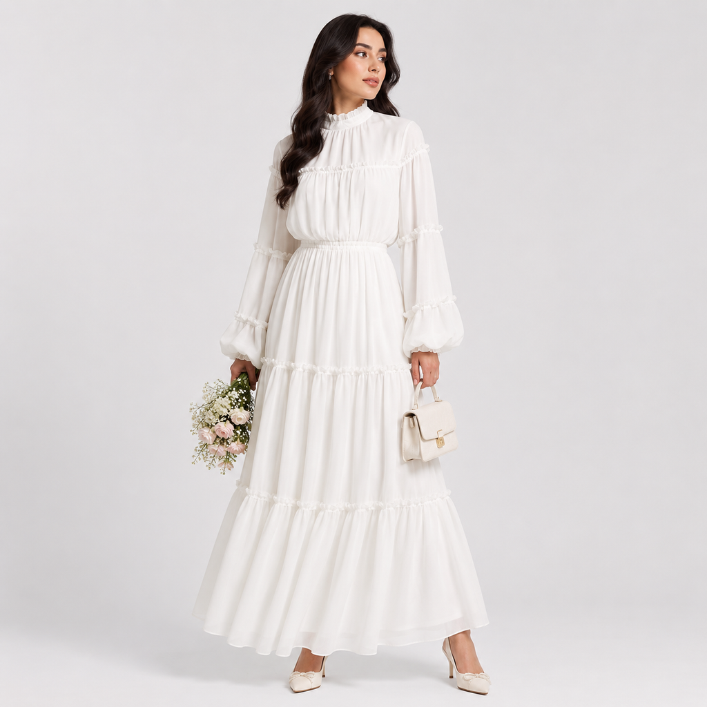 Elegant Puff Sleeve Dubai Abaya Maxi Dress