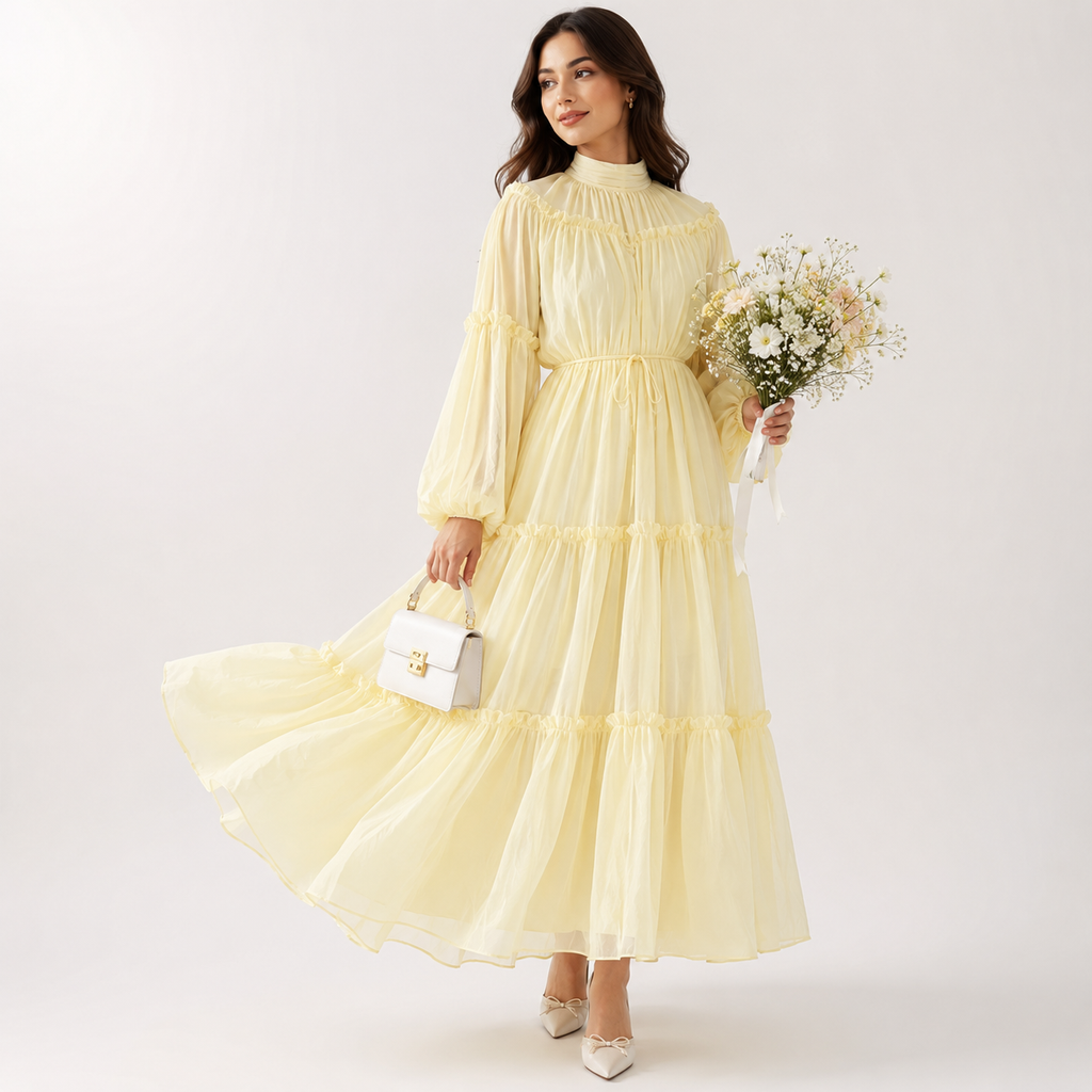 Elegant Puff Sleeve Dubai Abaya Maxi Dress