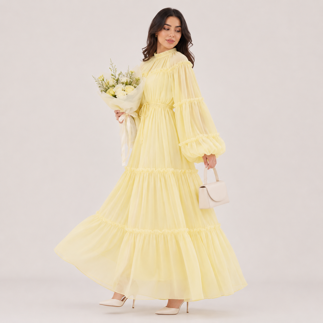 Elegant Puff Sleeve Dubai Abaya Maxi Dress