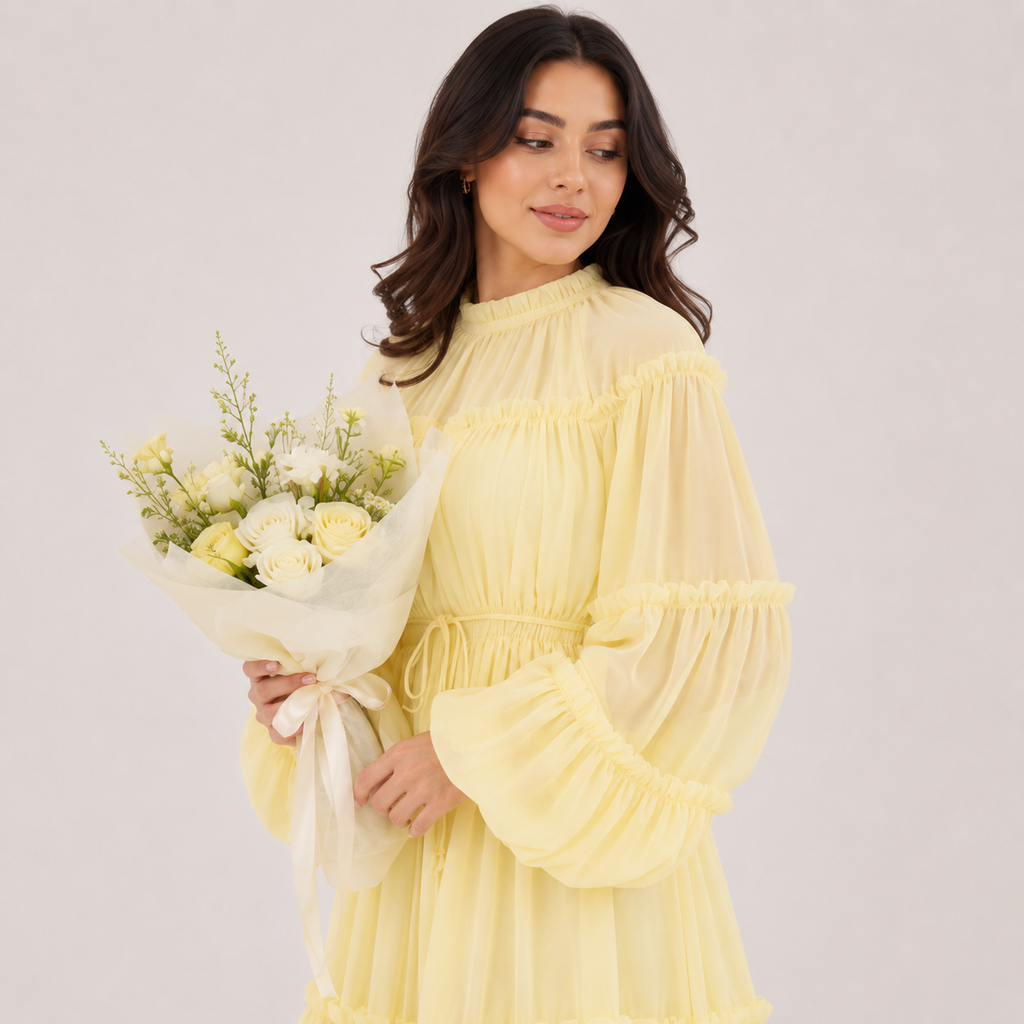 Elegant Puff Sleeve Dubai Abaya Maxi Dress