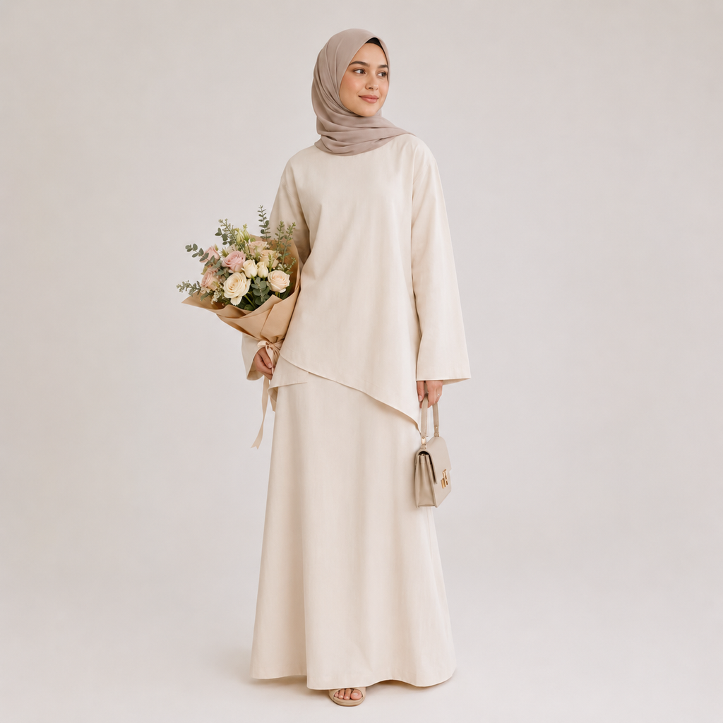 Cream Asymmetrical 2 Piece Abaya Set – Modest Top & Long Skirt