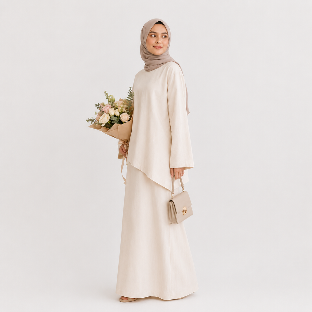 Cream Asymmetrical 2 Piece Abaya Set – Modest Top & Long Skirt