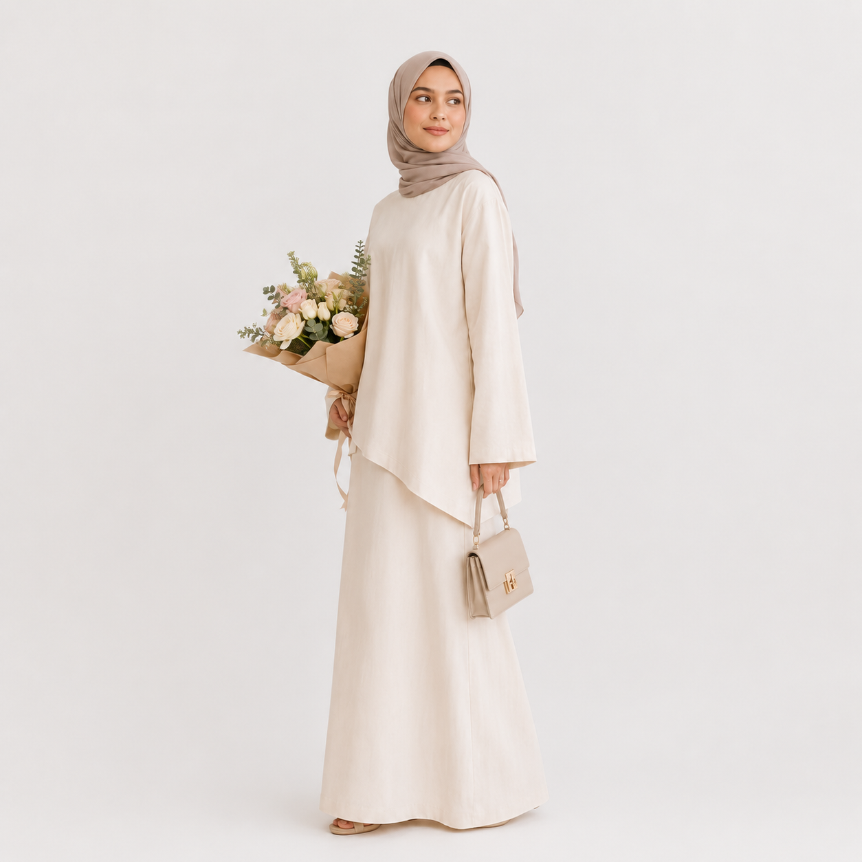 Cream Asymmetrical 2 Piece Abaya Set – Modest Top & Long Skirt
