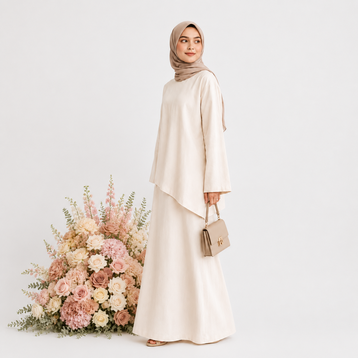 Cream Asymmetrical 2 Piece Abaya Set – Modest Top & Long Skirt