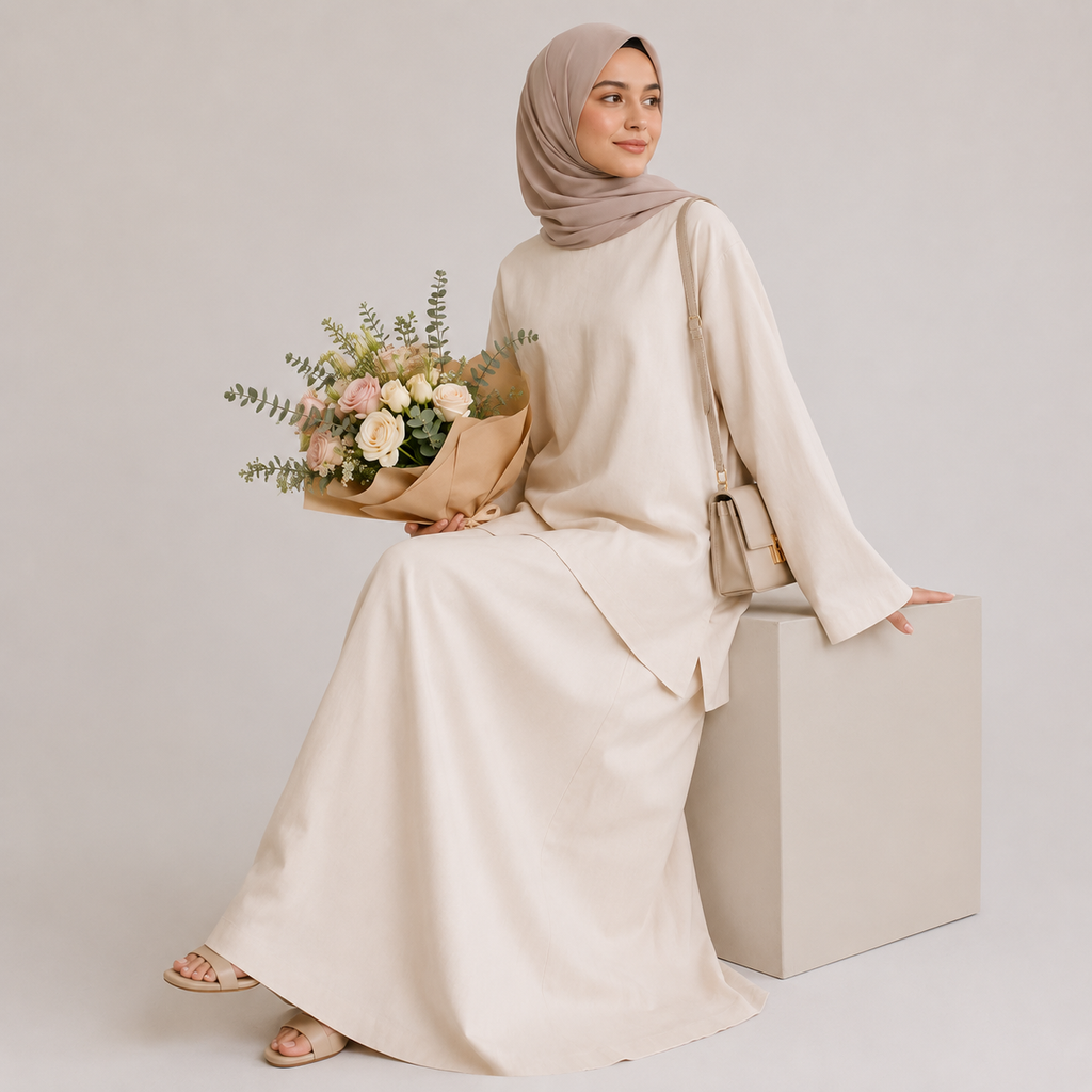 Cream Asymmetrical 2 Piece Abaya Set – Modest Top & Long Skirt