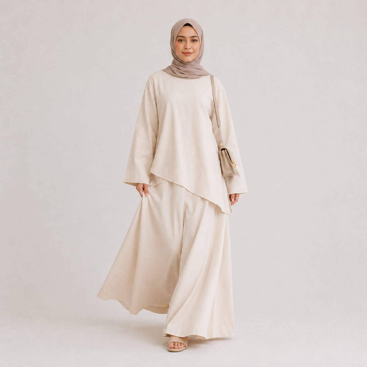 Cream Asymmetrical 2 Piece Abaya Set – Modest Top & Long Skirt