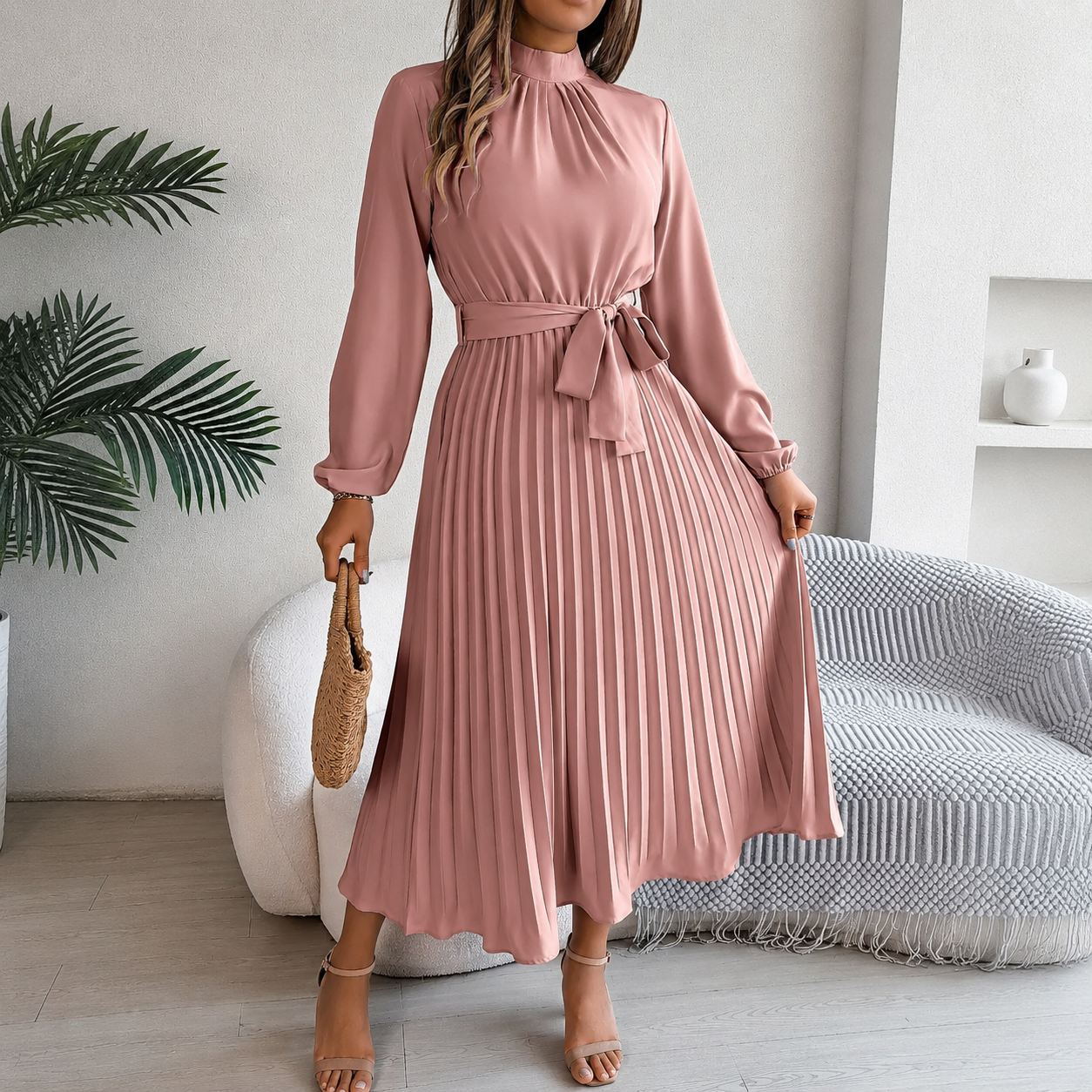 Vintage Stand Collar Long Sleeve Fit-and-Flare Midi Dress