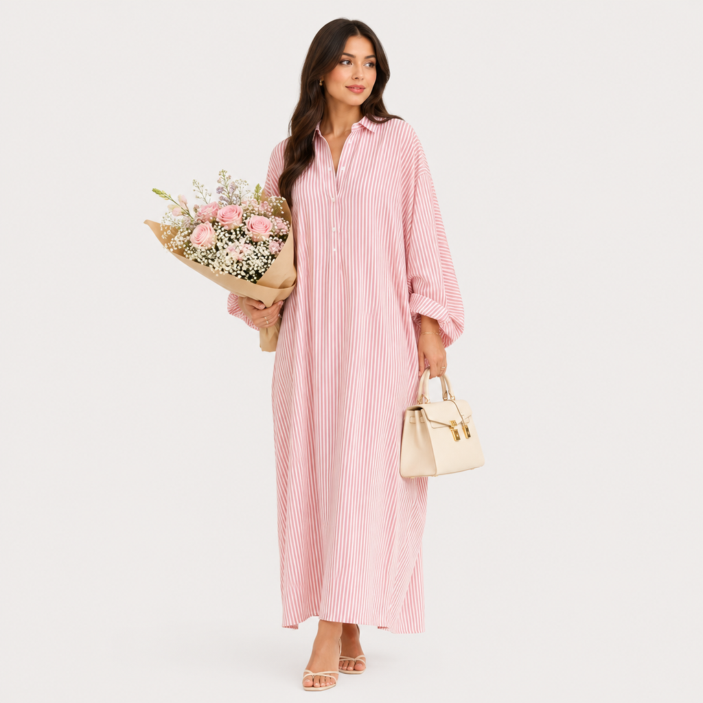 Striped Button-Front Maxi Shirt Dress with Long Sleeves