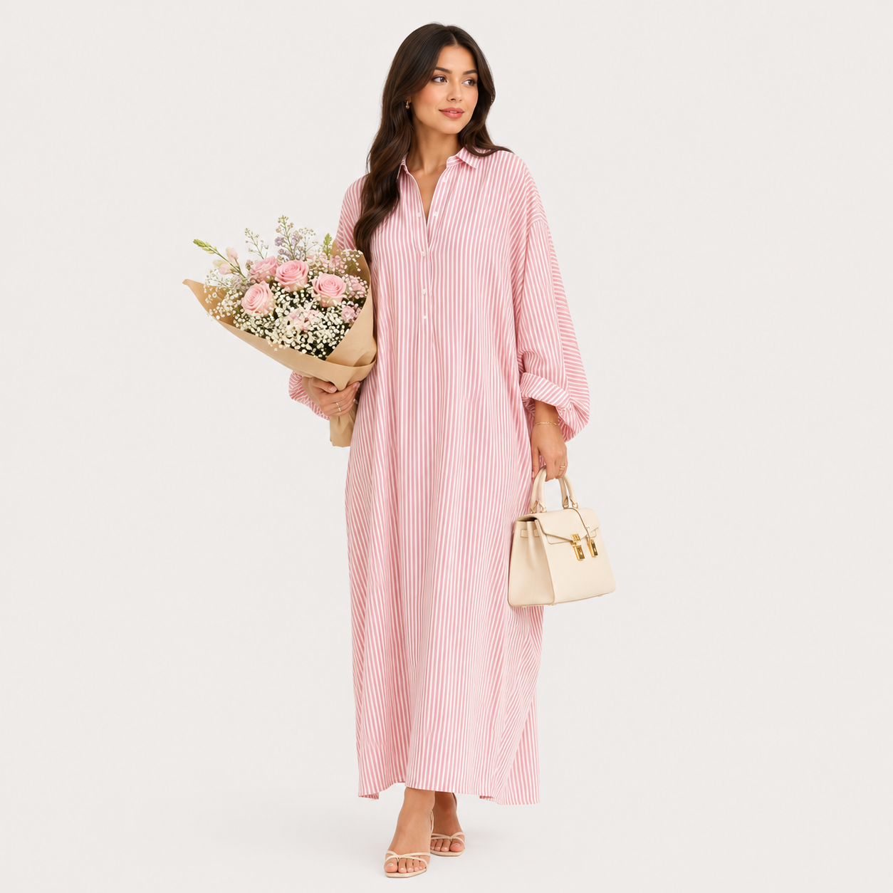 Striped Button-Front Maxi Shirt Dress with Long Sleeves