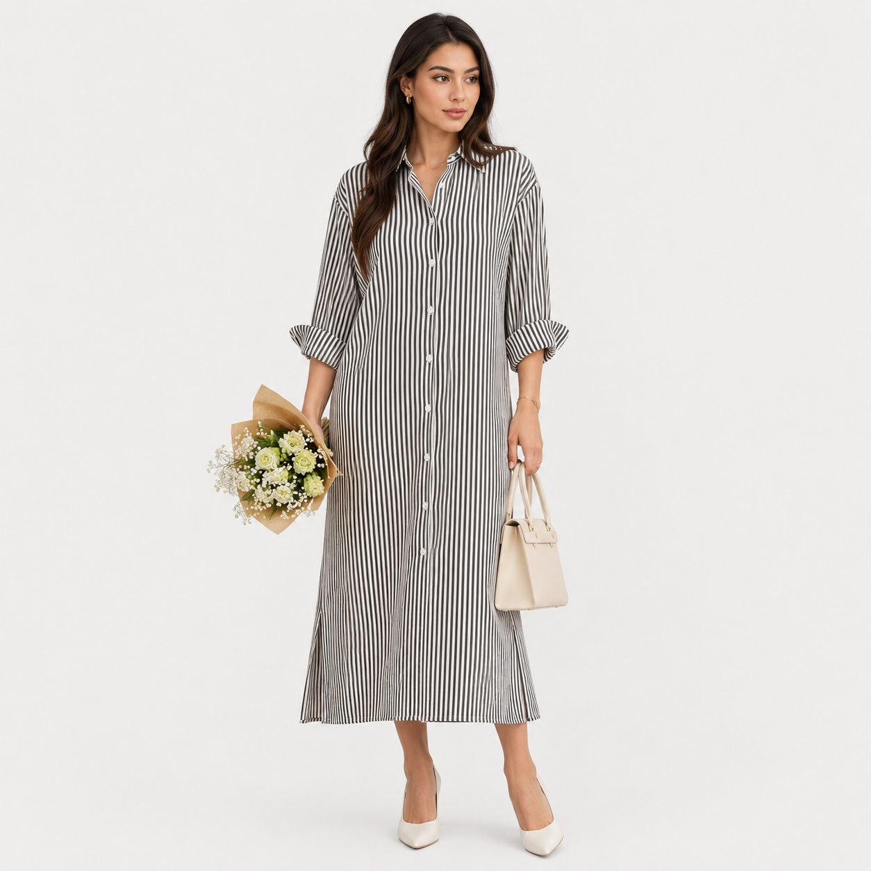 Striped Button-Front Maxi Shirt Dress with Long Sleeves