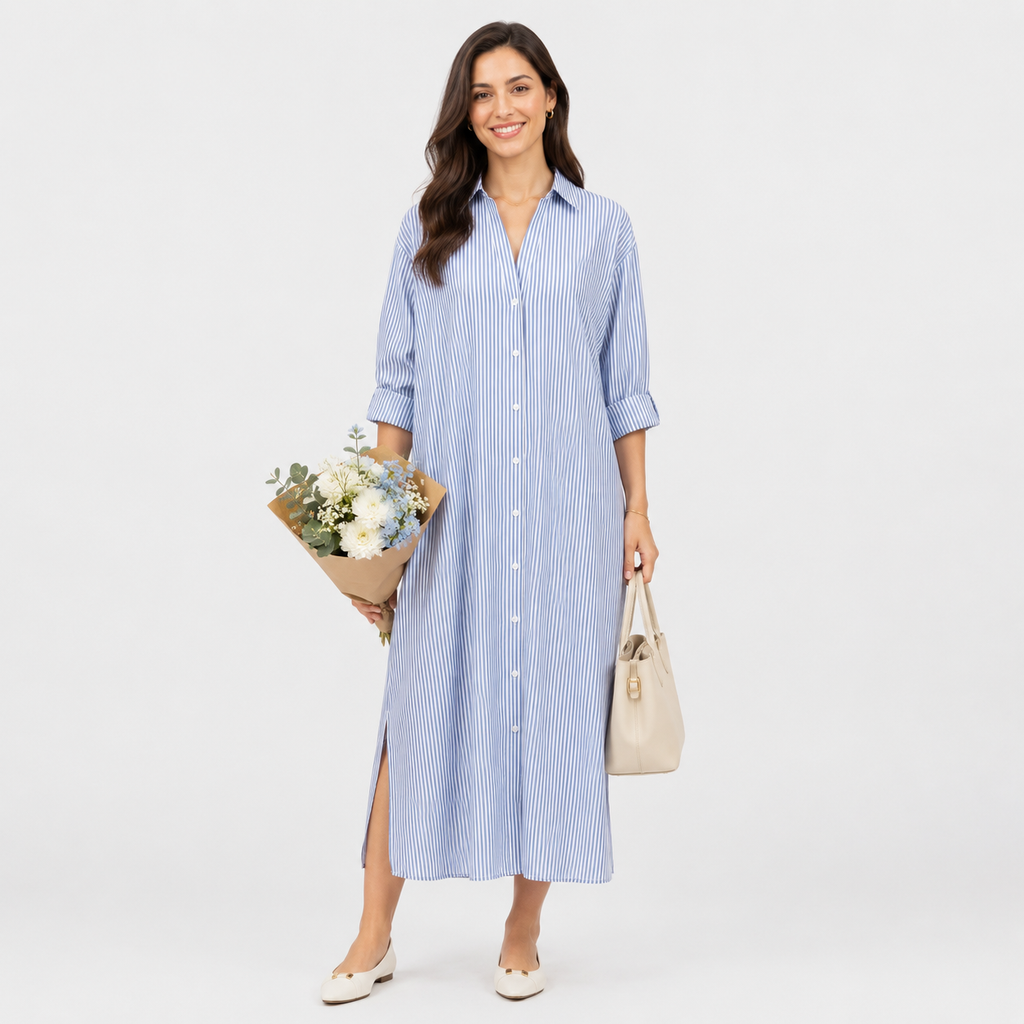 Striped Button-Front Maxi Shirt Dress with Long Sleeves