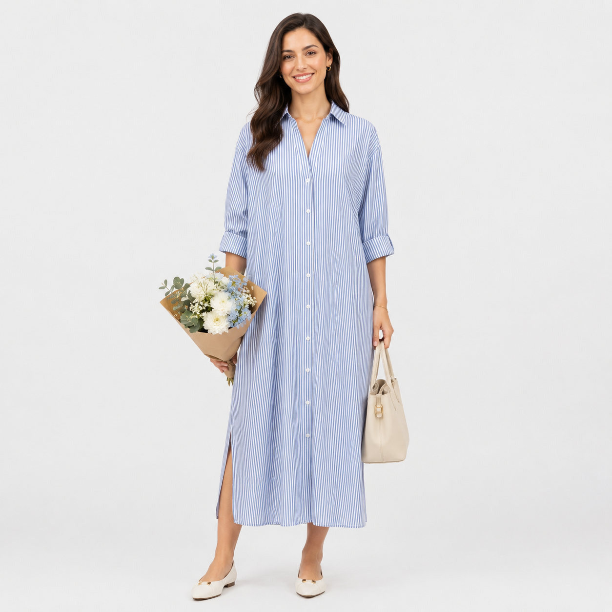 Striped Button-Front Maxi Shirt Dress with Long Sleeves