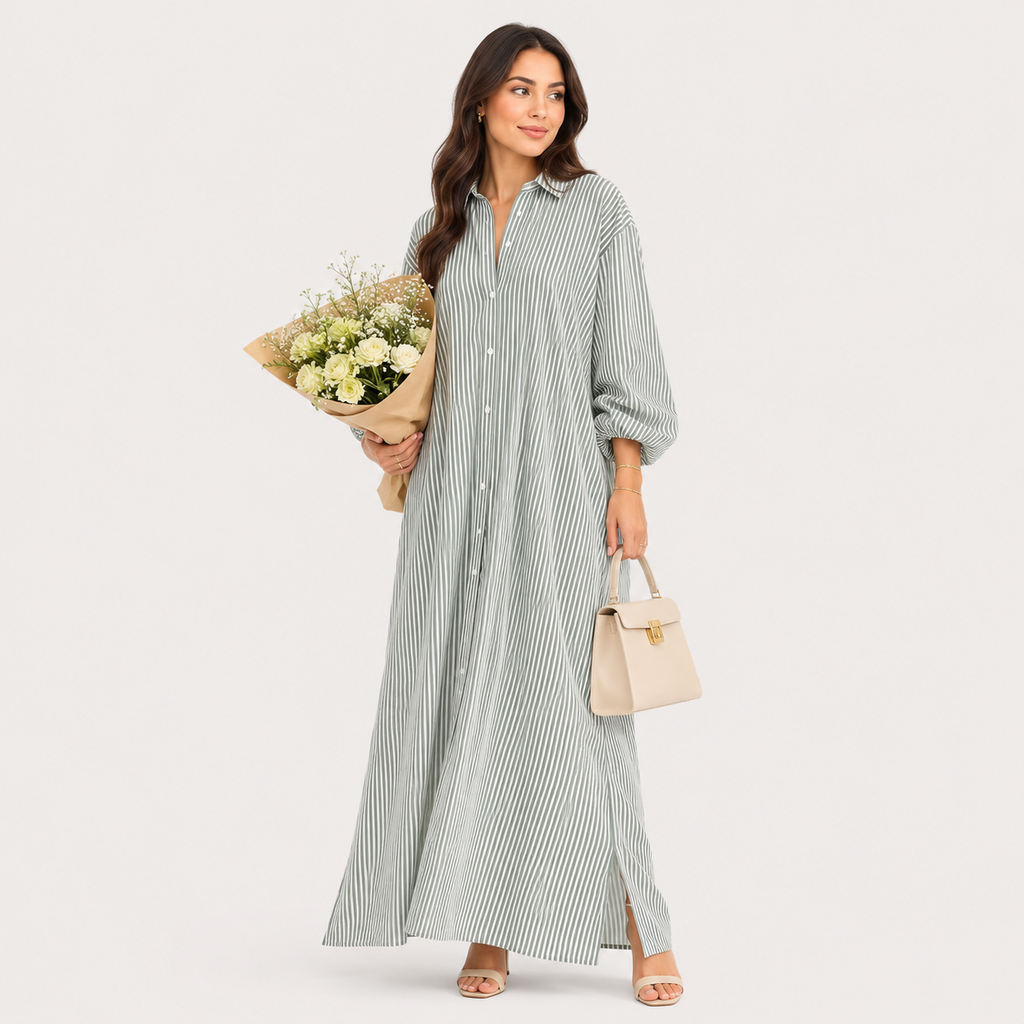 Striped Button-Front Maxi Shirt Dress with Long Sleeves