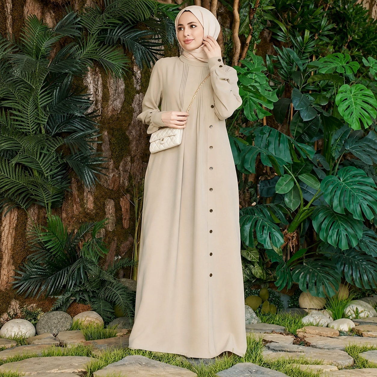 Round Neck Button-Front Loose-Fit Casual Dress