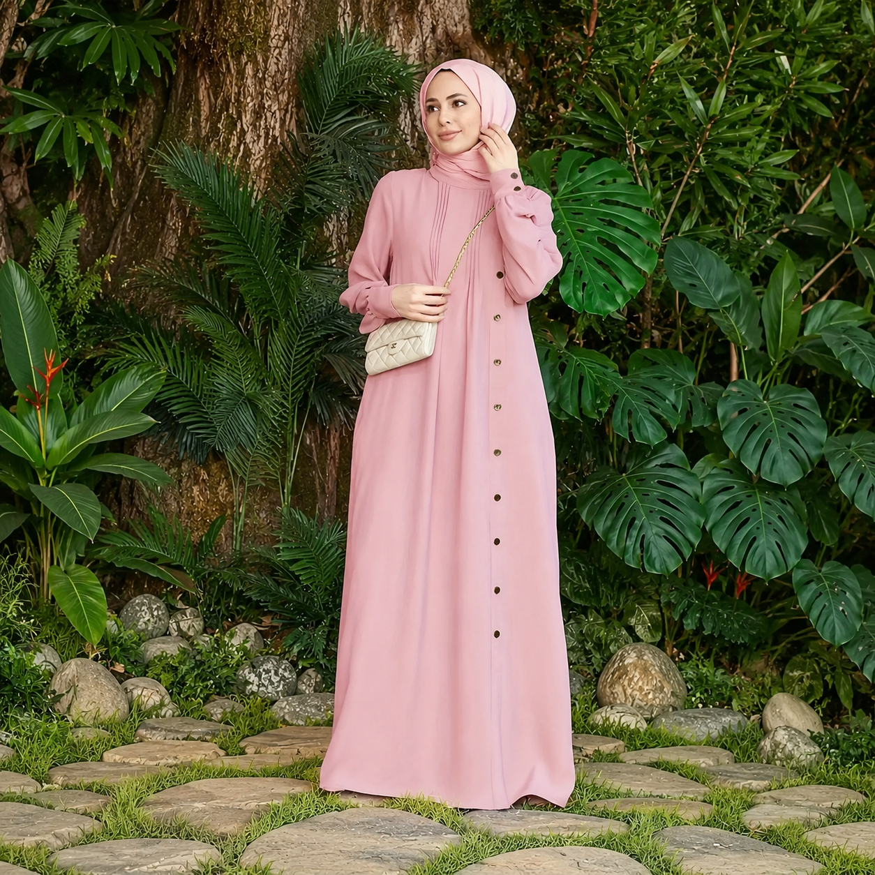 Round Neck Button-Front Loose-Fit Casual Dress