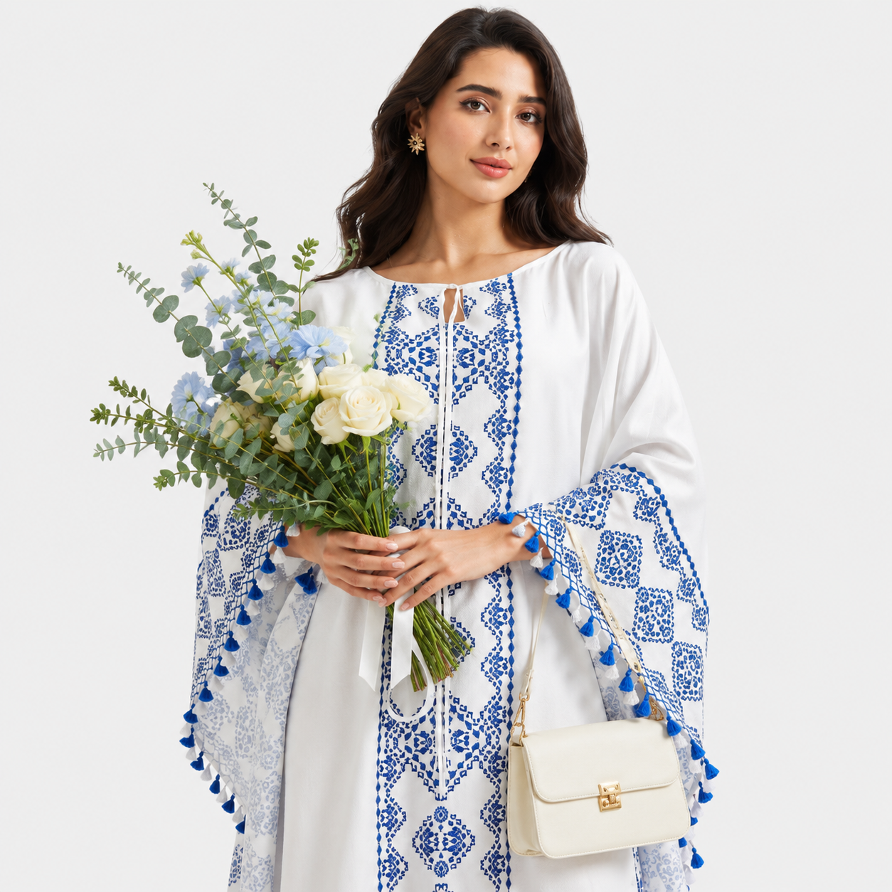 White and Blue Front-Open Chiffon Abaya Dress