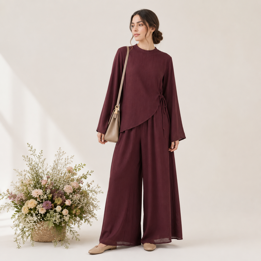 Double Layer Chiffon Co-Ord Set with Asymmetric Tunic and Wide-Leg Pants