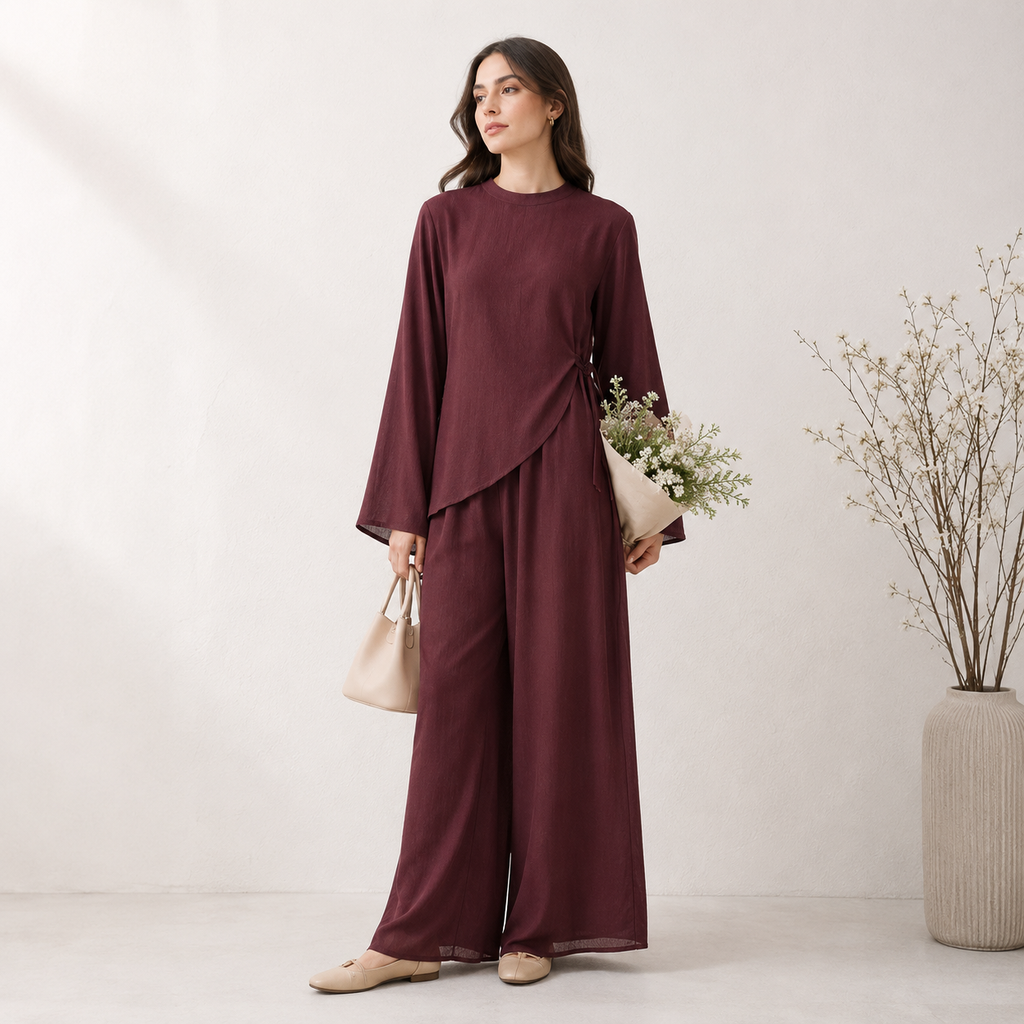 Double Layer Chiffon Co-Ord Set with Asymmetric Tunic and Wide-Leg Pants