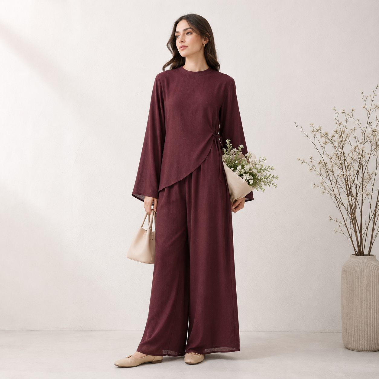 Double Layer Chiffon Co-Ord Set with Asymmetric Tunic and Wide-Leg Pants