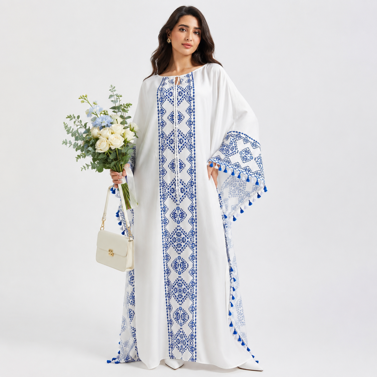 White and Blue Front-Open Chiffon Abaya Dress
