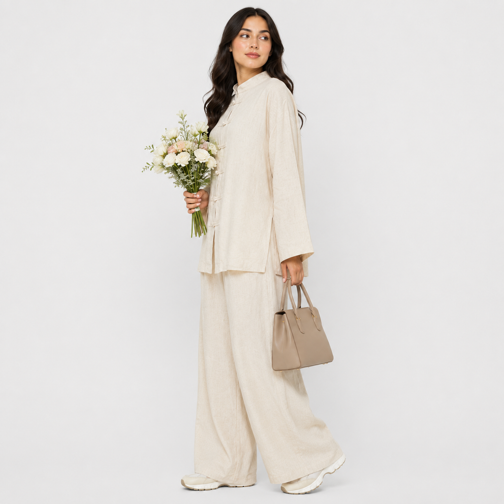 Cotton Linen Modest Co-Ord Set with Frog-Button Top and Matching Pants