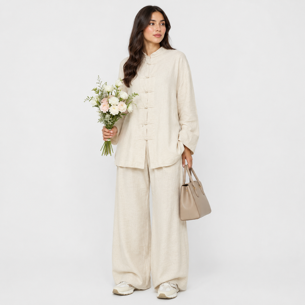 Cotton Linen Modest Co-Ord Set with Frog-Button Top and Matching Pants