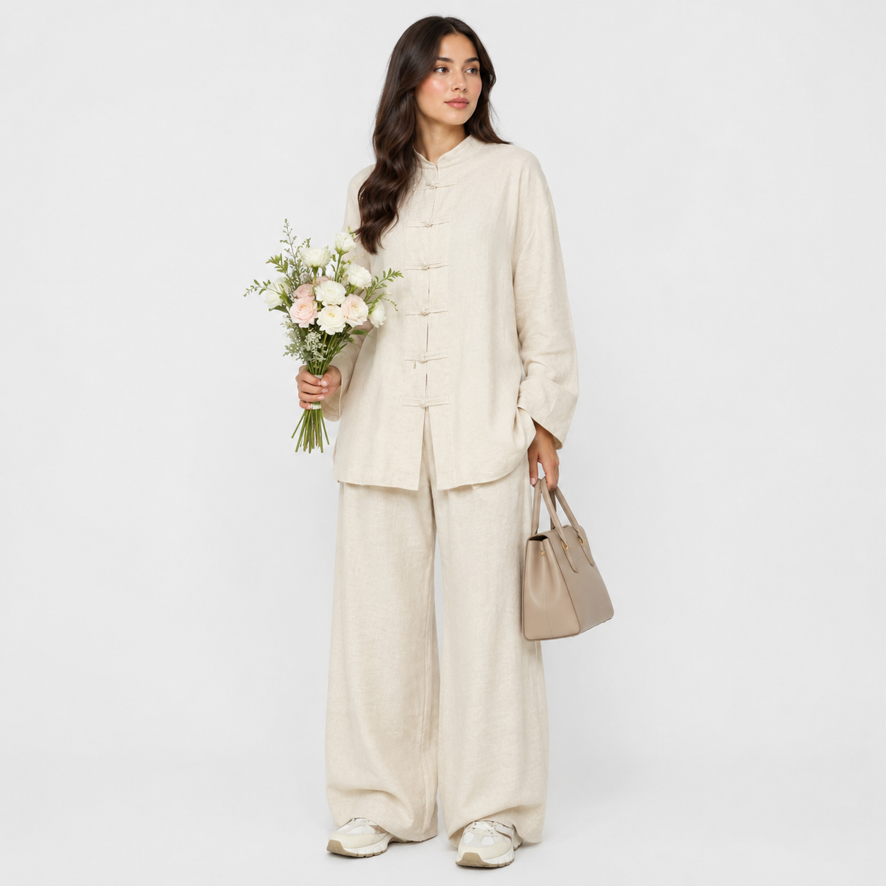 Cotton Linen Modest Co-Ord Set with Frog-Button Top and Matching Pants
