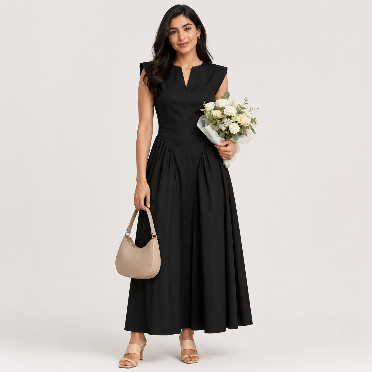 French-Style Sleeveless Fitted-Waist Dress