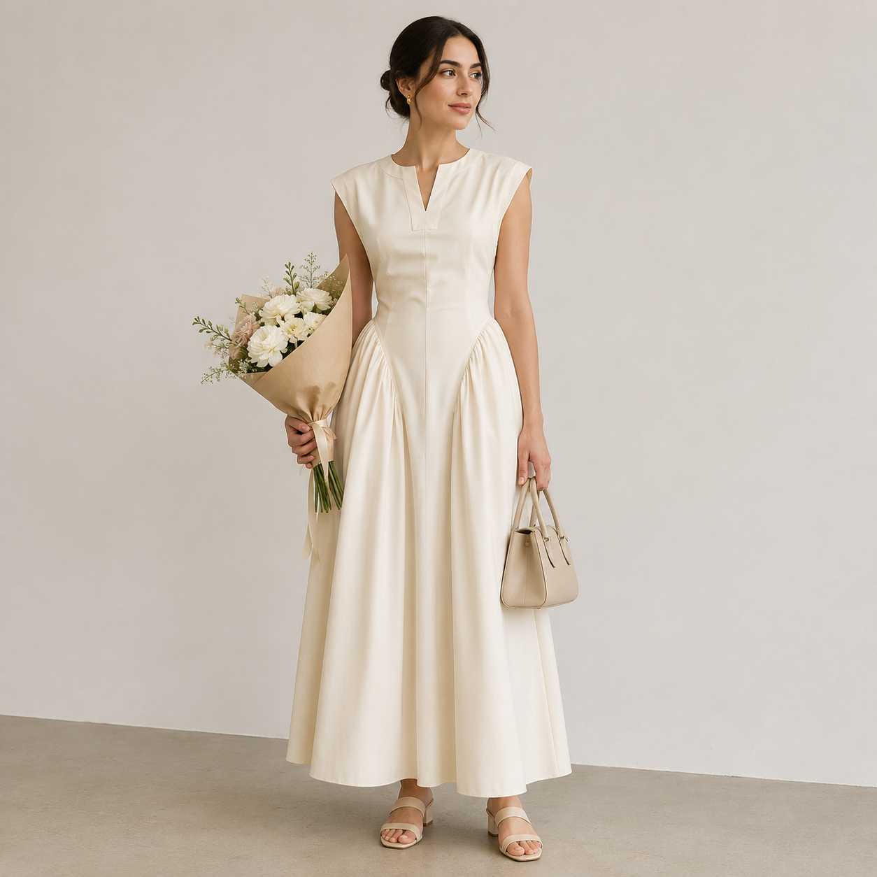 French-Style Sleeveless Fitted-Waist Dress