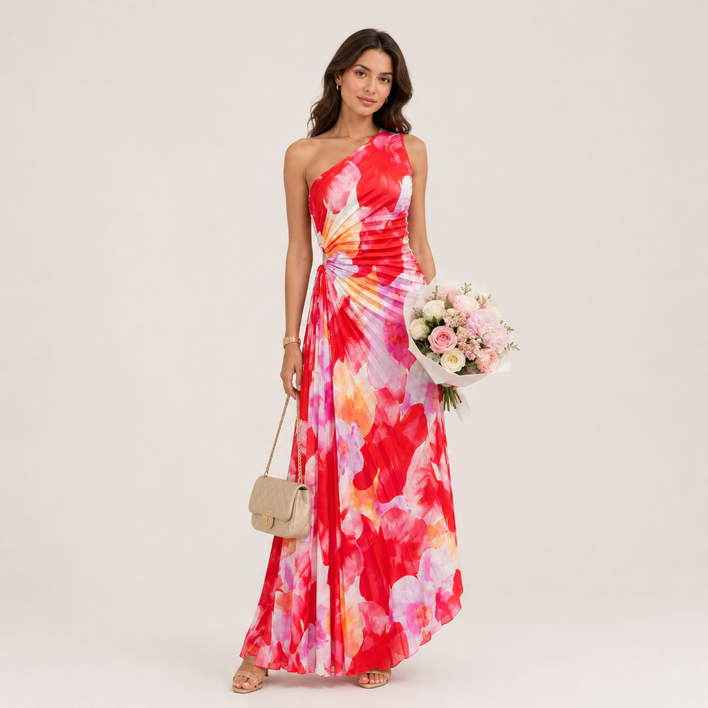 Floral Pleated Maxi Dress for Weddings & Special Occasions