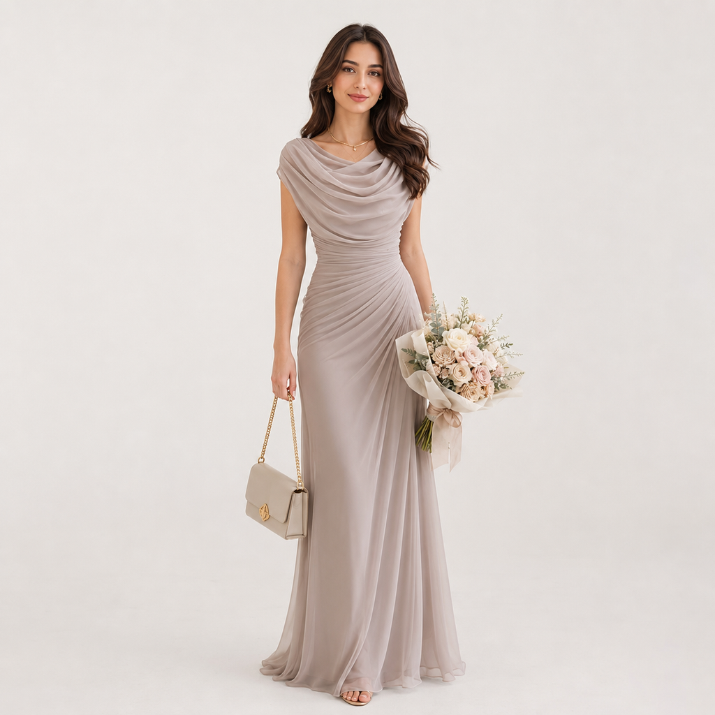 Elegant Cowl Neck Ruched Maxi Dress