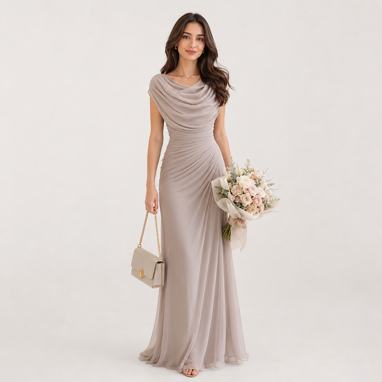 Elegant Cowl Neck Ruched Maxi Dress